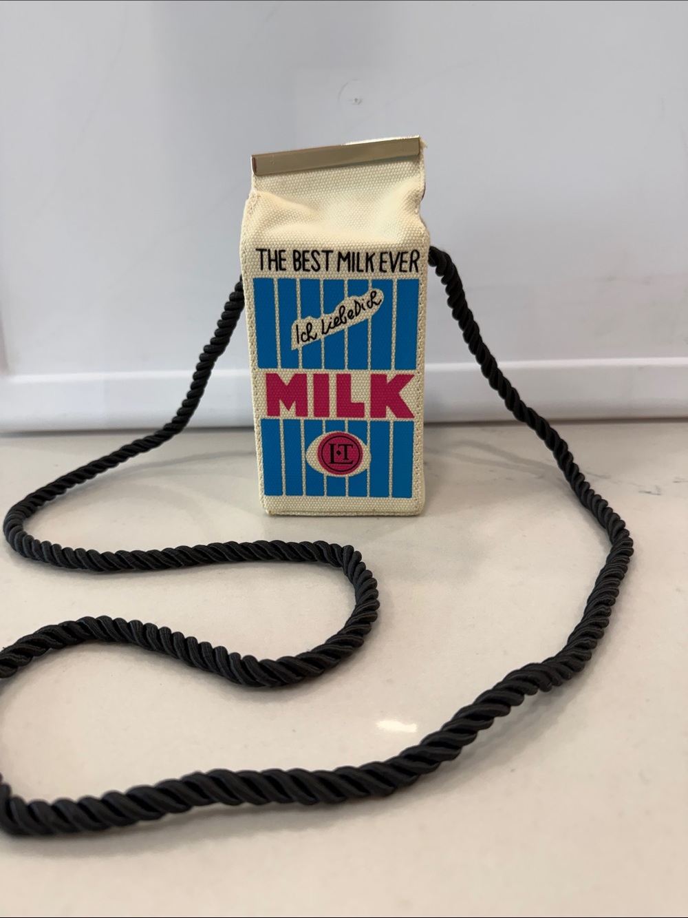 Novelty 'Milk' Crossbody Bag in Cream and Blue